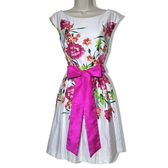 Eliza J Floral Spring Pink & White Bow Belt Scoop-Neck Dress - Picture 2 of 11